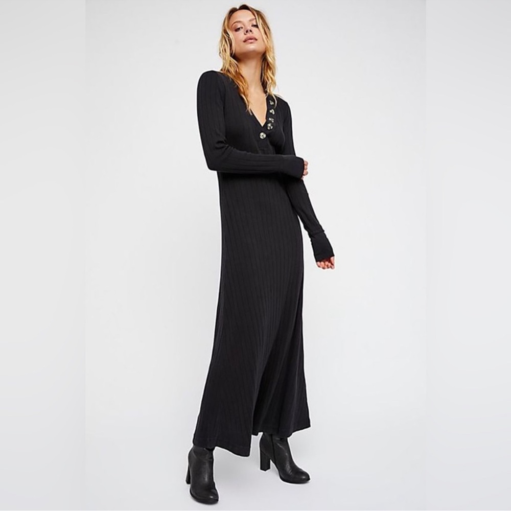 Free People Beach Black Sunflower Ribbed Long Sleeve Button Maxi Dress